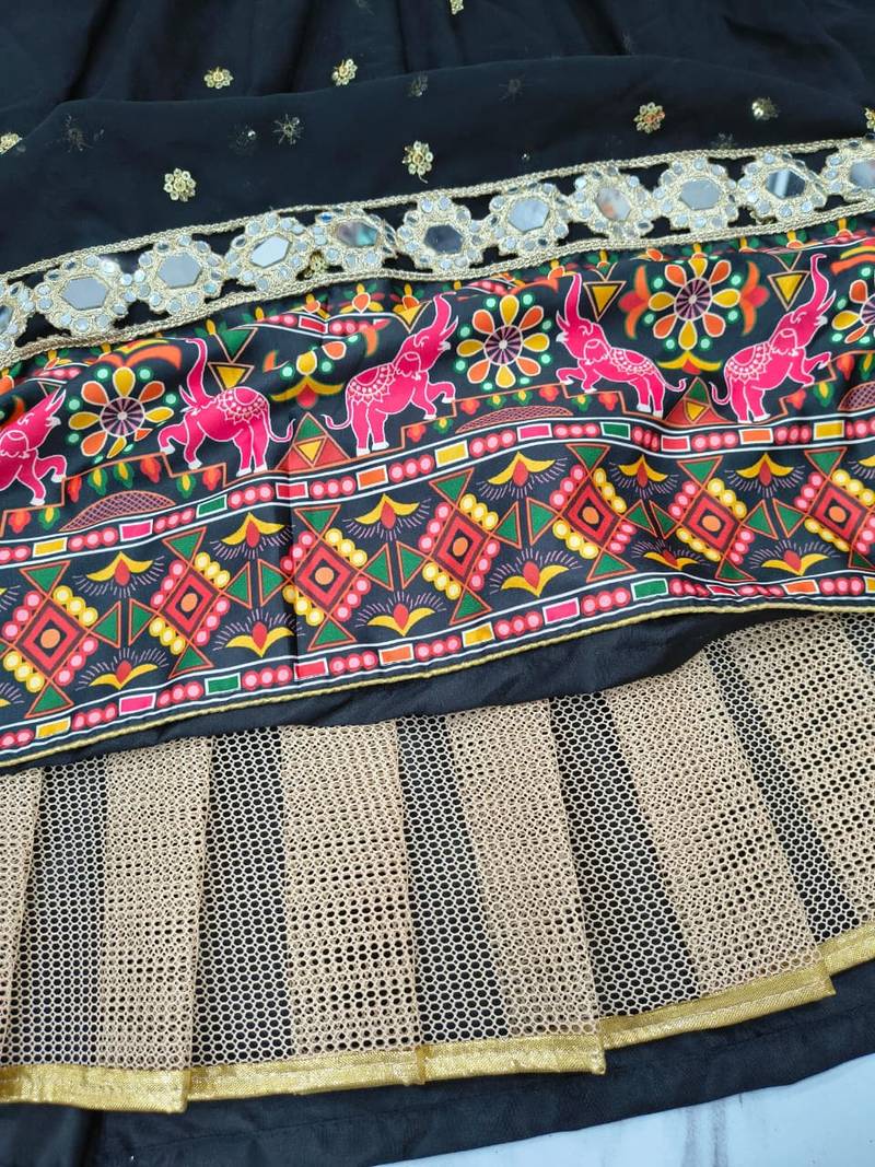 Black faux georgette lehenga choli set with real mirror work