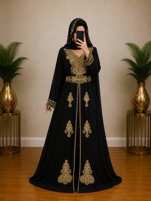 Navy Blue Gold Embroidered Moroccan Kaftan Dress 1