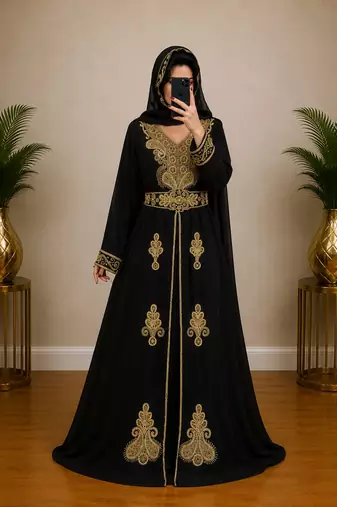 Navy Blue Gold Embroidered Moroccan Kaftan Dress