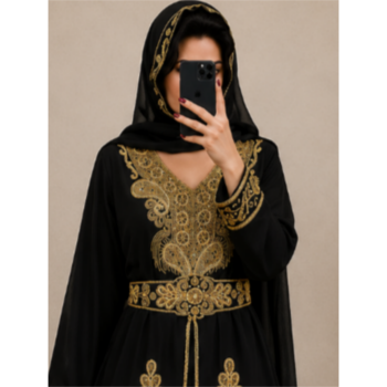 Navy Blue Gold Embroidered Moroccan Kaftan Dress 2
