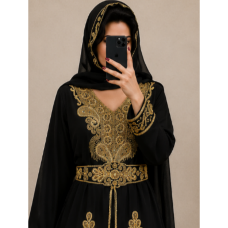 Navy Blue Gold Embroidered Moroccan Kaftan Dress