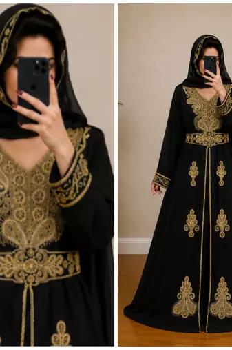 Navy Blue Gold Embroidered Moroccan Kaftan Dress