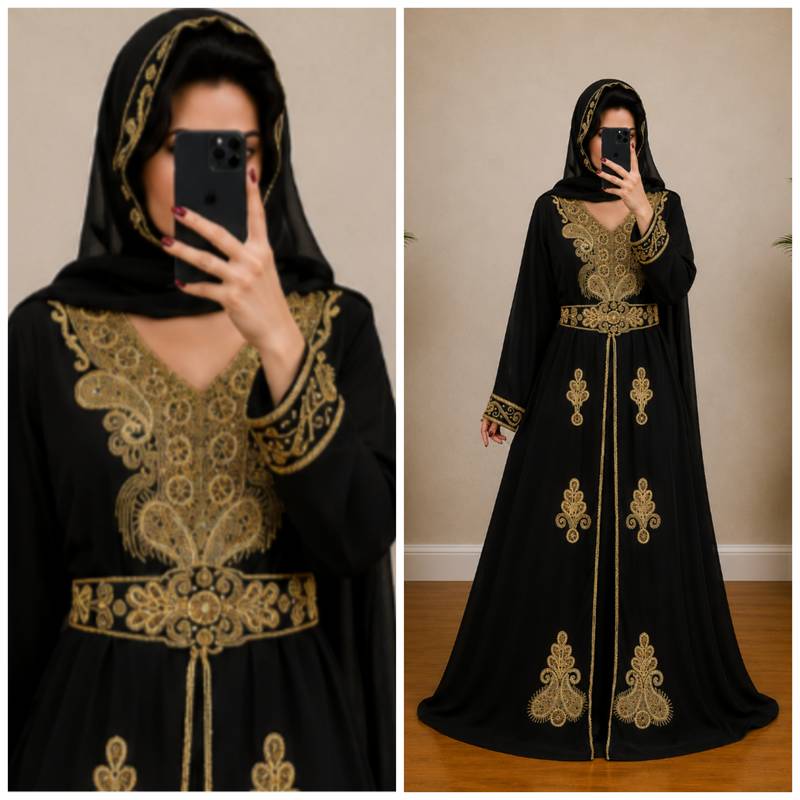 Navy Blue Gold Embroidered Moroccan Kaftan Dress