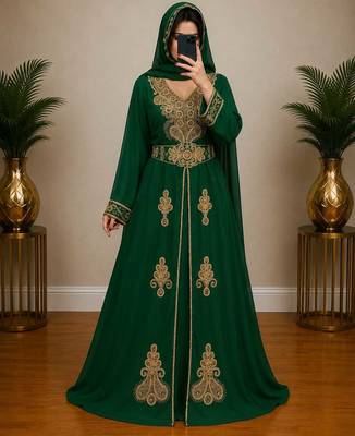 Green Gold Embroidered Moroccan Kaftan Dress 1