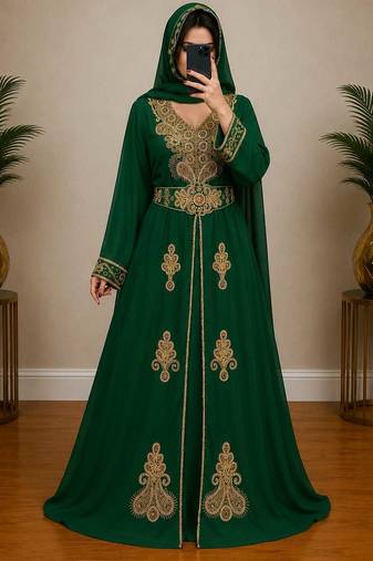 Green Gold Embroidered Moroccan Kaftan Dress
