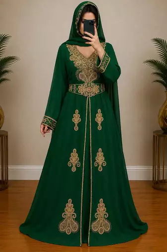 Green Gold Embroidered Moroccan Kaftan Dress