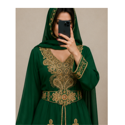 Green Gold Embroidered Moroccan Kaftan Dress 2