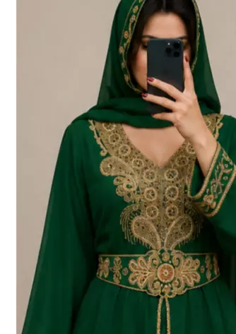 Green Gold Embroidered Moroccan Kaftan Dress