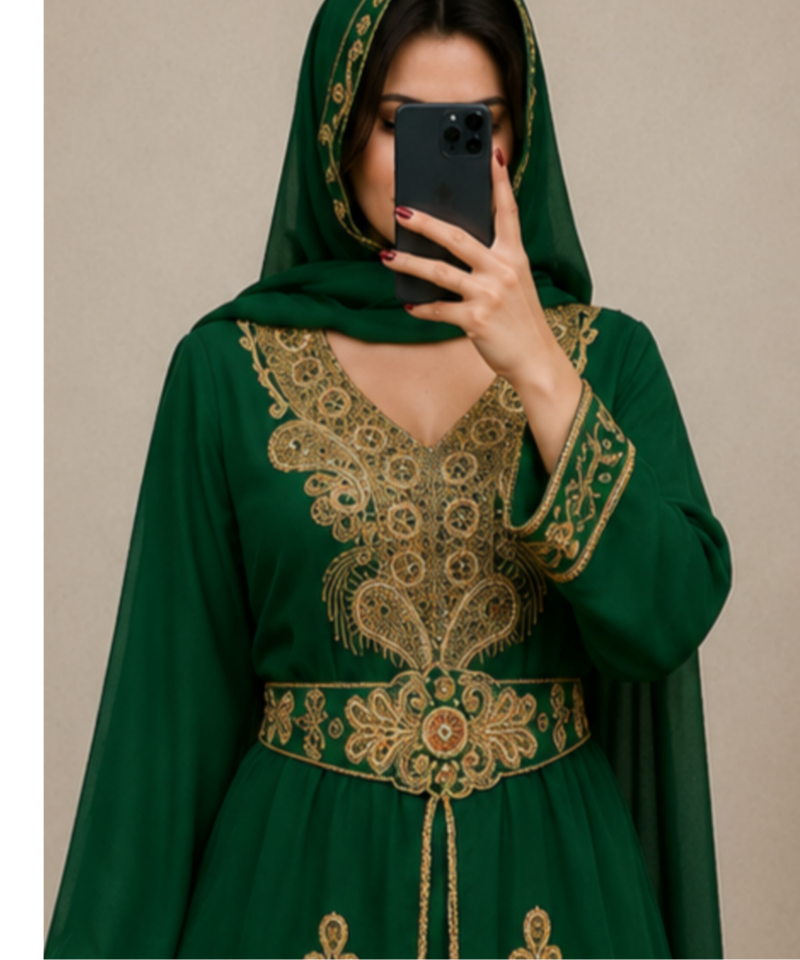 Green Gold Embroidered Moroccan Kaftan Dress