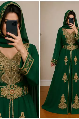 Green Gold Embroidered Moroccan Kaftan Dress