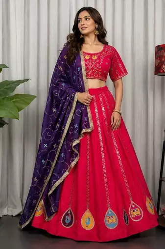 Rani Pink Navratri Lehenga Choli Set for Women - Full stitched free size