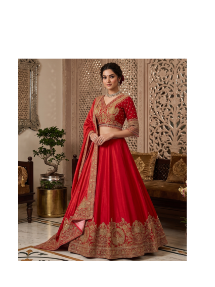 Women's Red Embroidered Chinon Bridal Lehenga Choli Set with Heavy Zari Work, V-Neck Blouse & Matching Dupatta 1