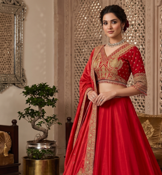 Women's Red Embroidered Chinon Bridal Lehenga Choli Set with Heavy Zari Work, V-Neck Blouse & Matching Dupatta