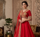 Women's Red Embroidered Chinon Bridal Lehenga Choli Set with Heavy Zari Work, V-Neck Blouse & Matching Dupatta