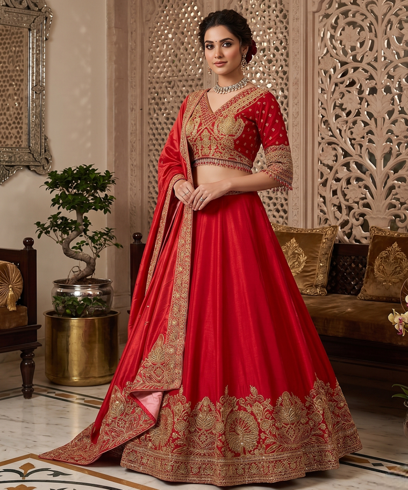Women's Red Embroidered Chinon Bridal Lehenga Choli Set with Heavy Zari Work, V-Neck Blouse & Matching Dupatta