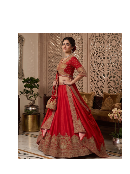 Women's Red Embroidered Chinon Bridal Lehenga Choli Set with Heavy Zari Work, V-Neck Blouse & Matching Dupatta 2