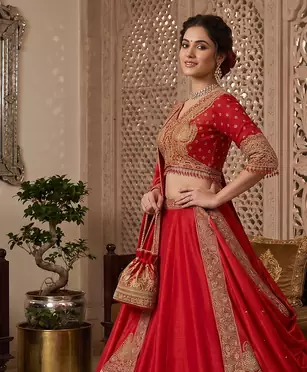 Women's Red Embroidered Chinon Bridal Lehenga Choli Set with Heavy Zari Work, V-Neck Blouse & Matching Dupatta