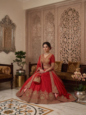 Women's Red Embroidered Chinon Bridal Lehenga Choli Set with Heavy Zari Work, V-Neck Blouse & Matching Dupatta 3