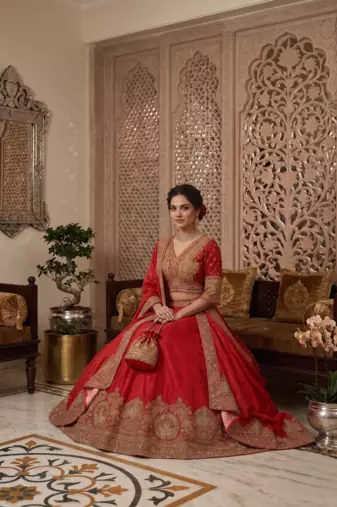 Women's Red Embroidered Chinon Bridal Lehenga Choli Set with Heavy Zari Work, V-Neck Blouse & Matching Dupatta
