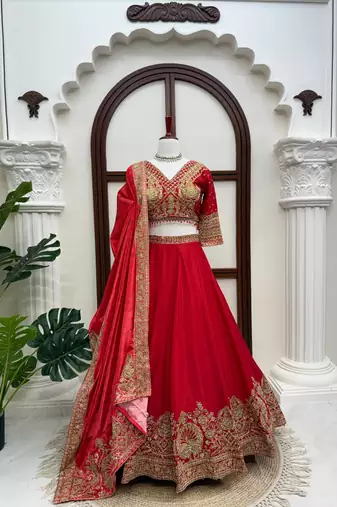 Women's Red Embroidered Chinon Bridal Lehenga Choli Set with Heavy Zari Work, V-Neck Blouse & Matching Dupatta