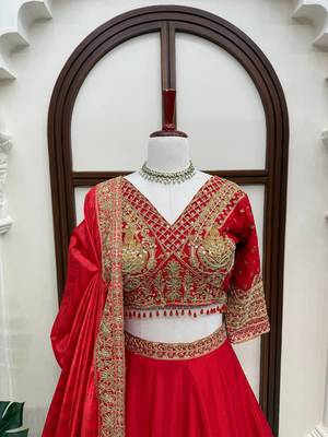 Women's Red Embroidered Chinon Bridal Lehenga Choli Set with Heavy Zari Work, V-Neck Blouse & Matching Dupatta 5