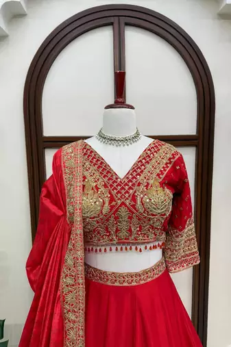 Women's Red Embroidered Chinon Bridal Lehenga Choli Set with Heavy Zari Work, V-Neck Blouse & Matching Dupatta