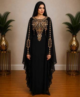 Black Gold Embroidered Luxury Kaftan with Cape 1