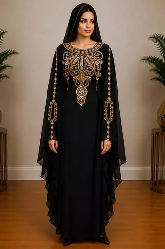 Black Gold Embroidered Luxury Kaftan with Cape