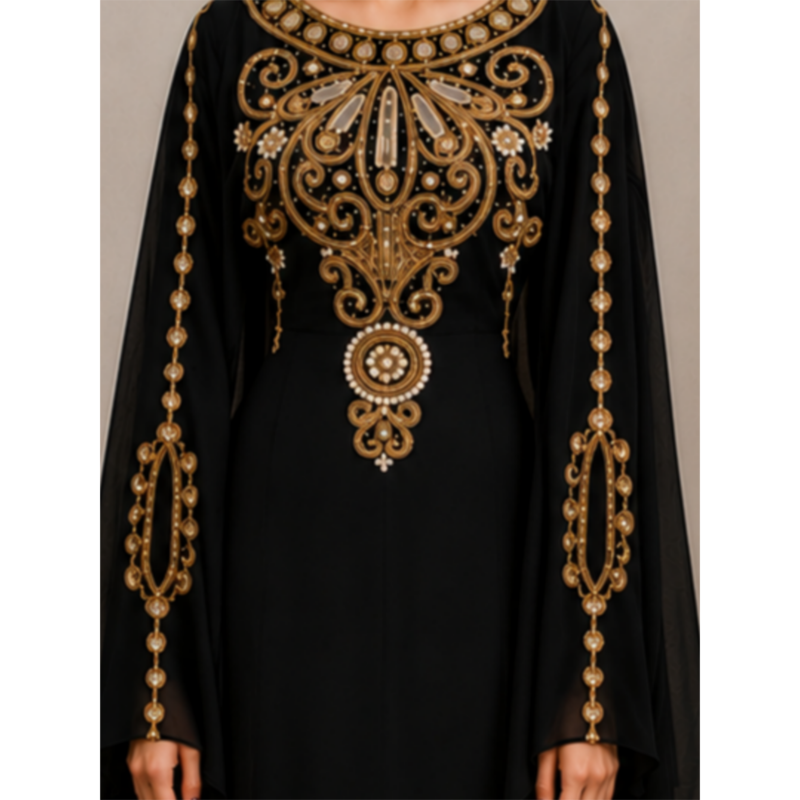 Black Gold Embroidered Luxury Kaftan with Cape