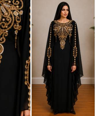 Black Gold Embroidered Luxury Kaftan with Cape 3