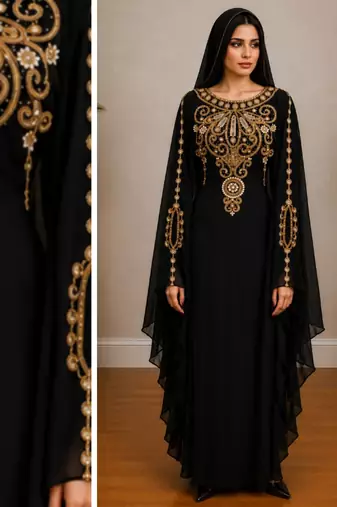 Black Gold Embroidered Luxury Kaftan with Cape