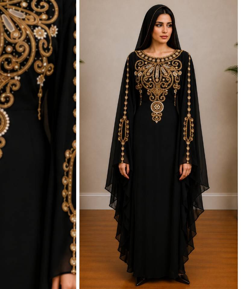 Black Gold Embroidered Luxury Kaftan with Cape