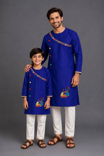 Royal blue embroidered cotton silk father son kurta combo set