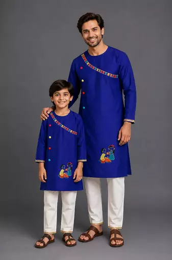 Royal blue embroidered cotton silk father son kurta combo set