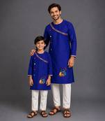 Royal blue embroidered cotton silk father son kurta combo set