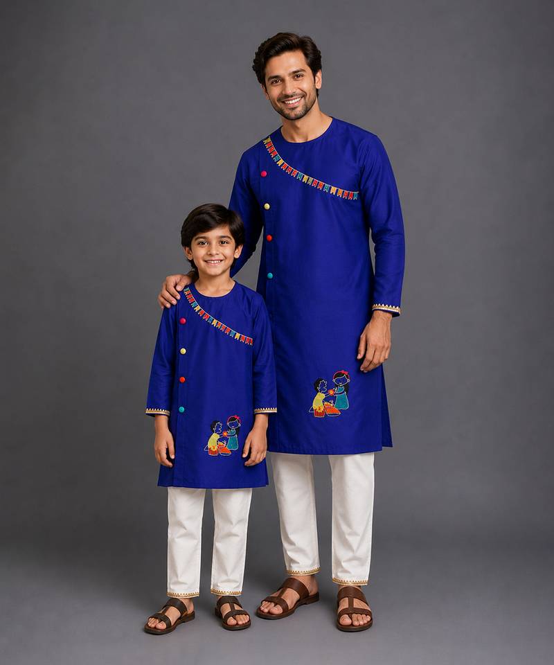 Royal blue embroidered cotton silk father son kurta combo set