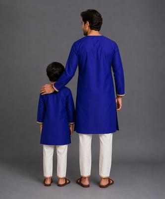 Royal blue embroidered cotton silk father son kurta combo set 2