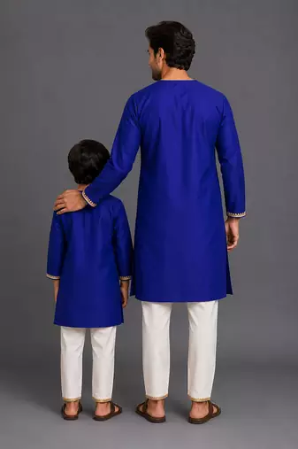 Royal blue embroidered cotton silk father son kurta combo set
