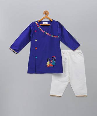 Royal blue embroidered cotton silk father son kurta combo set 3