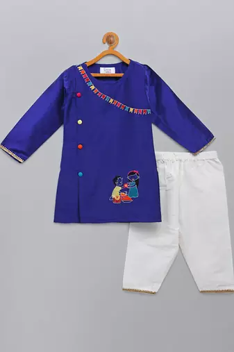 Royal blue embroidered cotton silk father son kurta combo set
