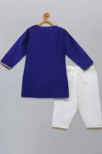 Royal blue embroidered cotton silk father son kurta combo set