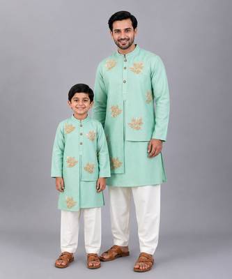 Mint green embroidered cotton silk layered father son kurta combo set 1