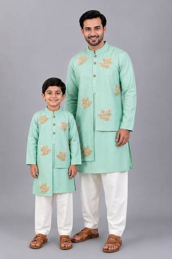 Mint green embroidered cotton silk layered father son kurta combo set