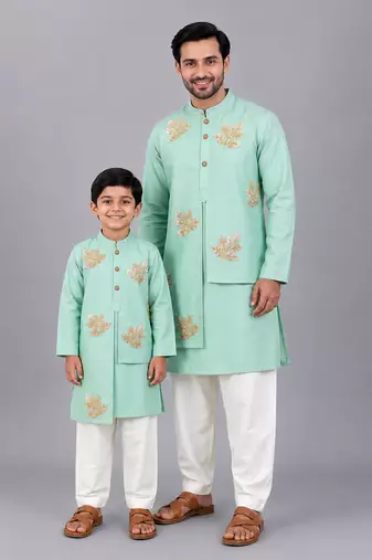 Mint green embroidered cotton silk layered father son kurta combo set