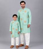 Mint green embroidered cotton silk layered father son kurta combo set