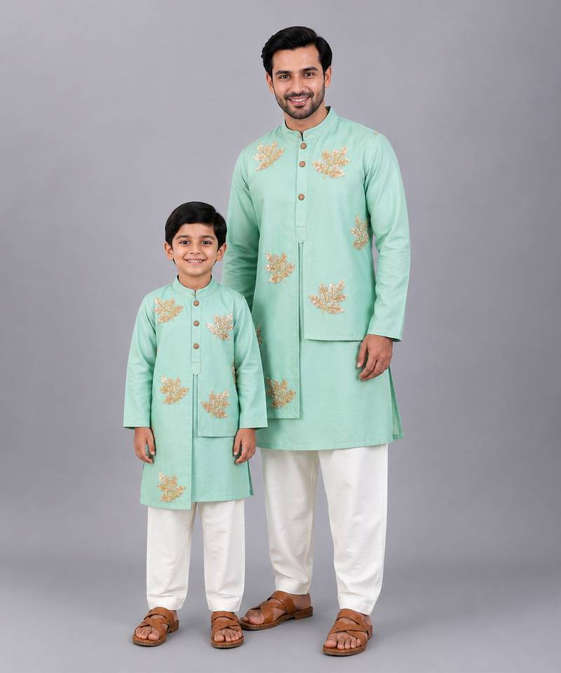 Mint green embroidered cotton silk layered father son kurta combo set