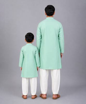 Mint green embroidered cotton silk layered father son kurta combo set 2