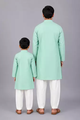 Mint green embroidered cotton silk layered father son kurta combo set