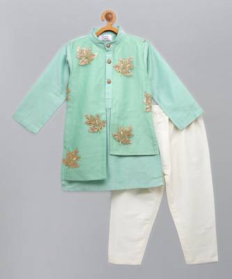 Mint green embroidered cotton silk layered father son kurta combo set 3