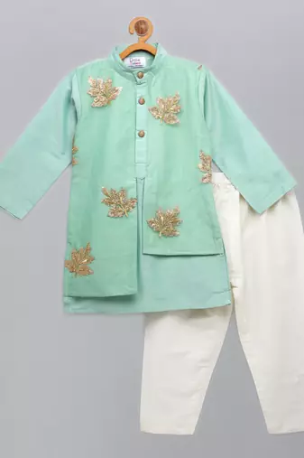 Mint green embroidered cotton silk layered father son kurta combo set